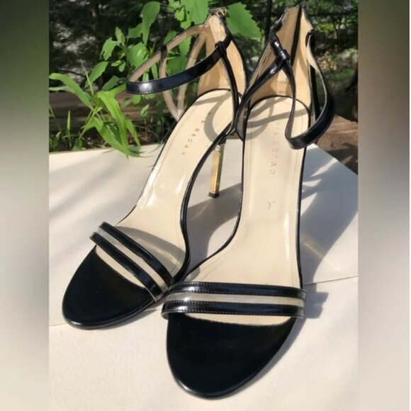 Mia Becar Leather Black Gold Heel back zipper High Heels open toe 38.5 US 8.5 - Picture 4 of 13